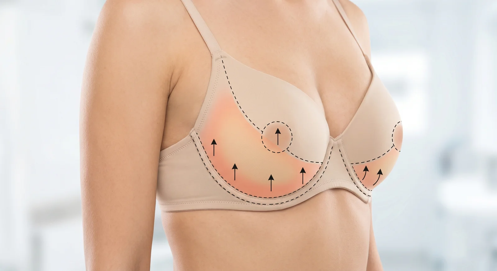 Illustration of the breast lift incision pattern and upward lift direction