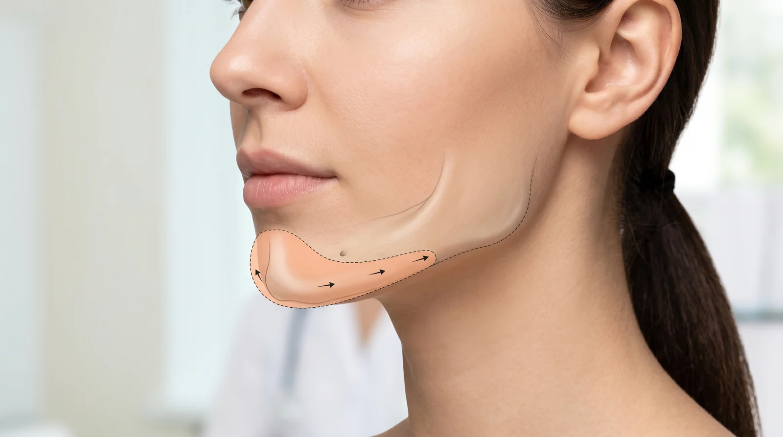 Illustration of a chin implant positioned over the chin bone for profile projection