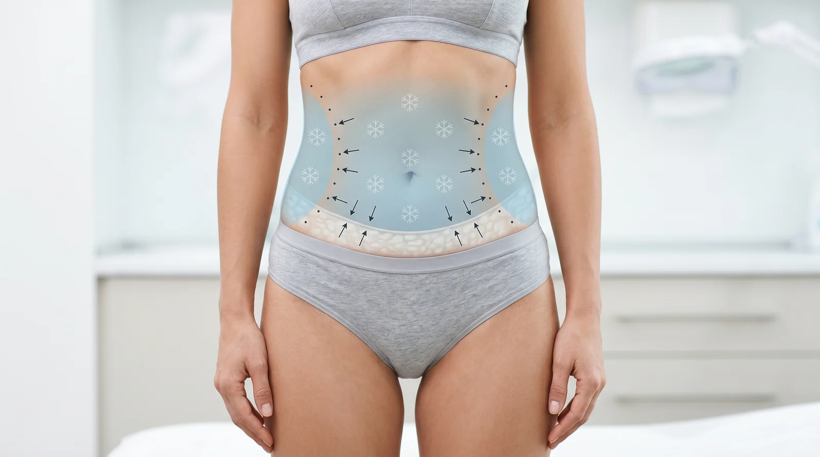 Illustration of controlled cooling freezing and shrinking the fat layer on the abdomen