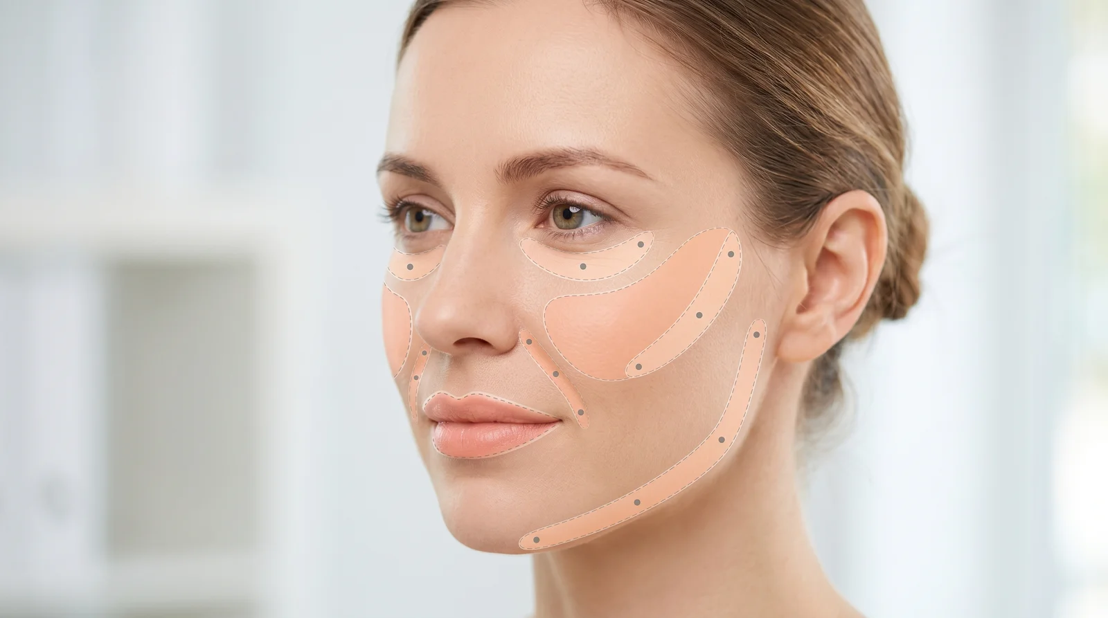 Illustration of HA filler treatment areas — cheeks, under-eyes, nasolabial folds, and jawline