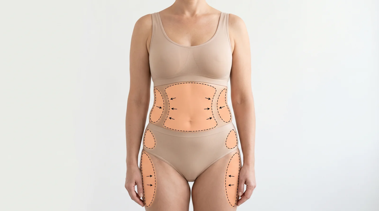 Illustration of common liposuction treatment areas — abdomen, flanks, hips, and thighs
