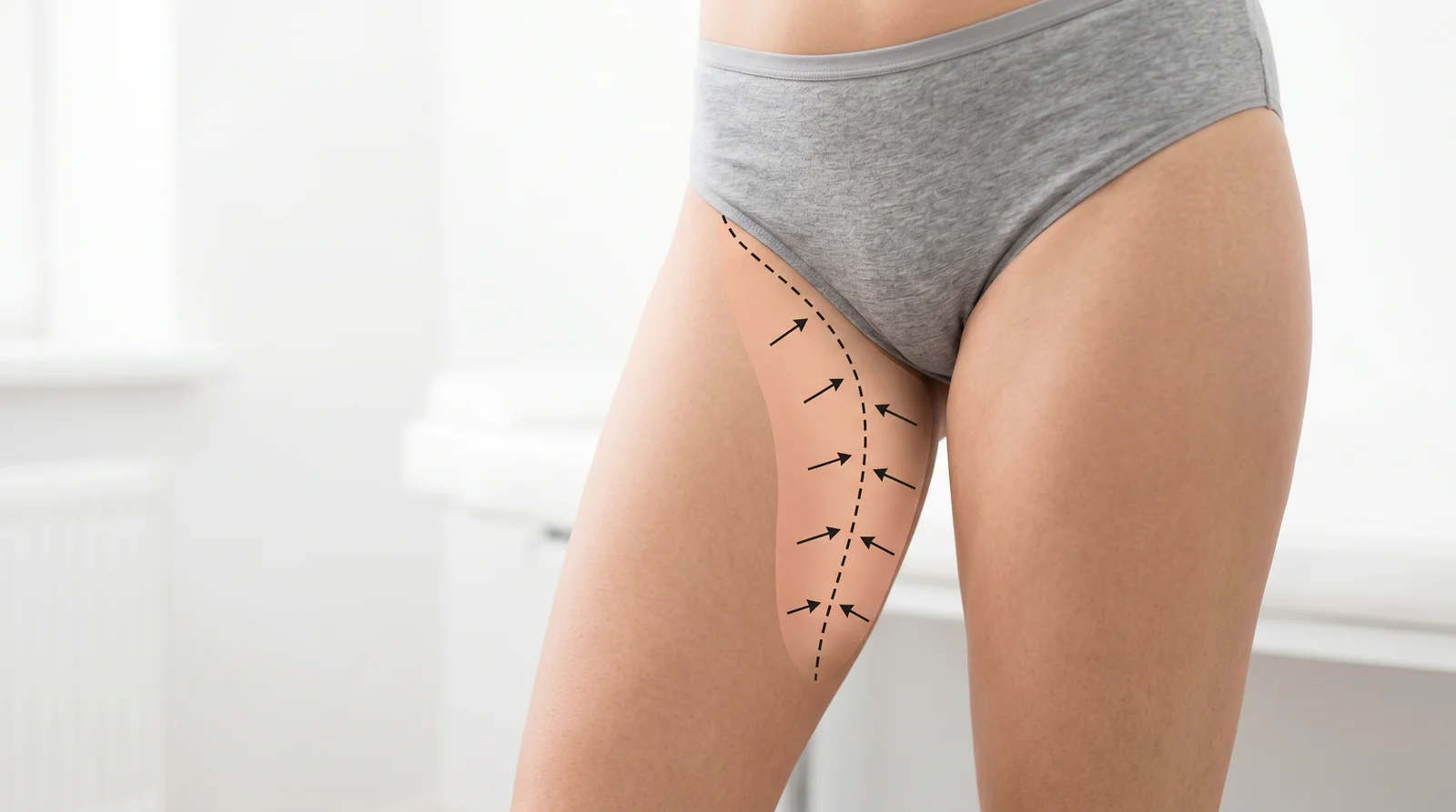 Illustration of the thigh lift — inner-thigh incision and skin tightening direction