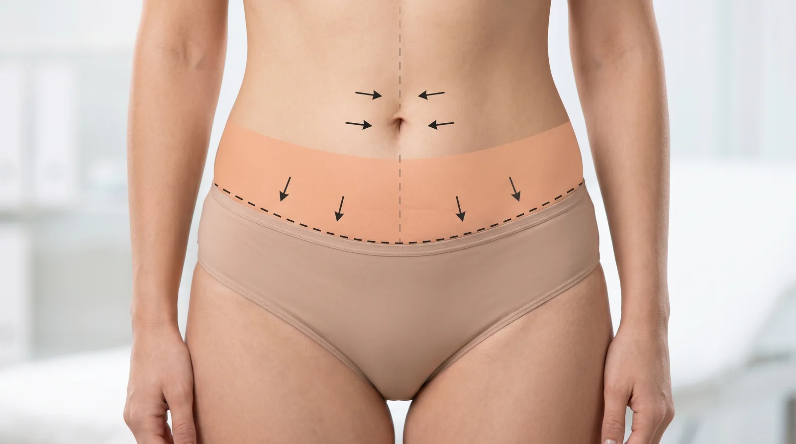 Illustration of the tummy tuck incision pattern and abdominal tightening